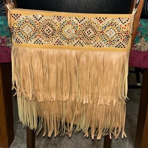 Y2K Betseyville Betsey Johnson Brown Faux Leather Fringe Tassel Rhinestone Bag